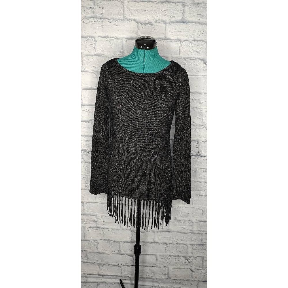 WHITE House Black Market Womens Pullover Sweater Black Metallic Knit Fringe M